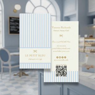 Franska Pulverblå Ränder Elegant Bageri QR Visitkort