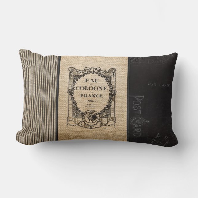 Franska randar för svart för portoCologne Burlap Lumbarkudde (Framsida)