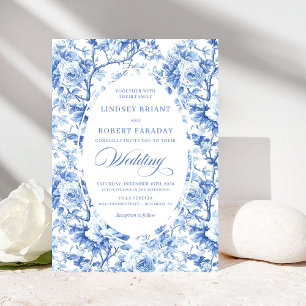 Franska Toile de Jouy Blå Rosor Elegant Bröllop Inbjudningar
