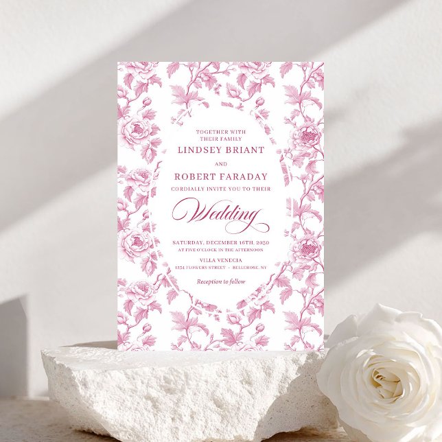 Franska Toile Rosor Rosa Bröllopsinbjudan Inbjudningar (French Toile Roses Blush Pink Wedding Invitation)