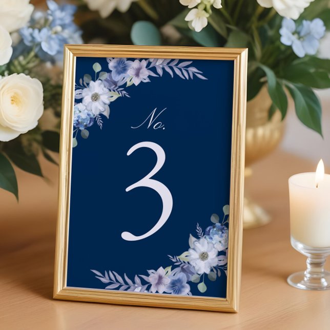 Franskblå & Lavendel Akvarell Blommig Marinblå Bordsnummer (French Blue & Lavender Watercolor Floral Navy Blue Table Number)