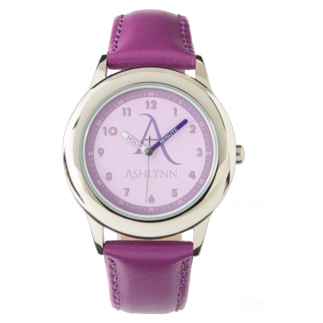 Fransken Anpassad namnElegant Lilac Kids Monogram Armbandsur (Framsida)