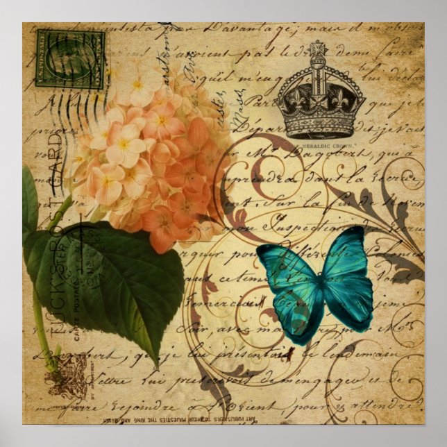 fransken botaniskt blå butterfly paris-skript poster (Framsidan)