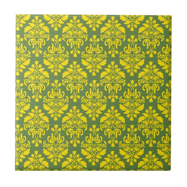 Franskens Empire Damask Gult och Handflatan Grönt Kakelplatta (Framsidan)