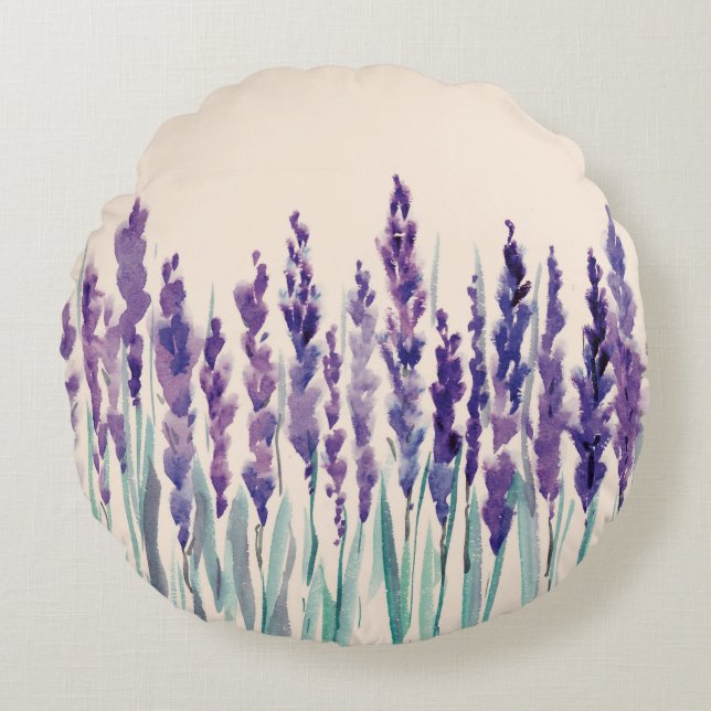 Franskens lavander vattenfärg rund kudde (Framsidan)