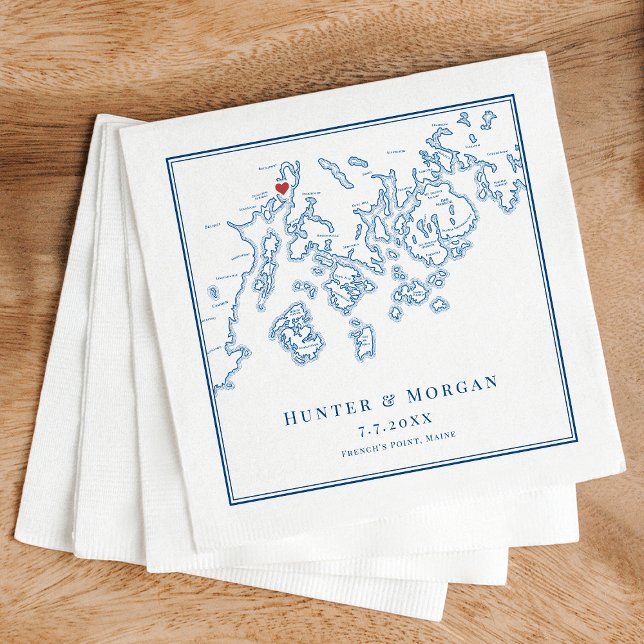Franskens Point Stockton Maine Elegant bröllop Pappersservett (French's Point Maine Wedding Napkins Stockton Springs map in elegant navy blue by Coastal Map Design)