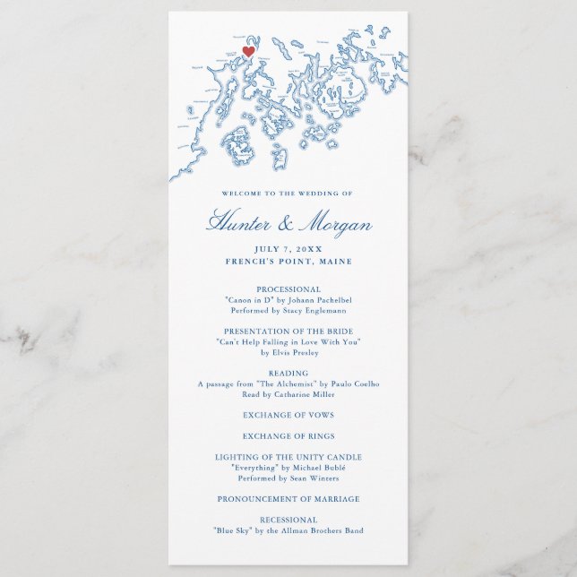 Franskens Point Stockton Vår Maine Karta Bröllop Program (Framsida)