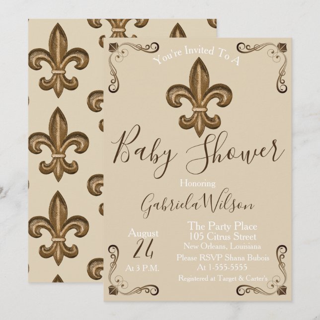 FranskGuld- Fleur de Lis Neutralt baby shower Inbjudningar (Fram/baksida)