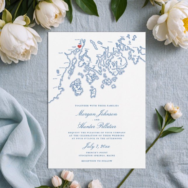 Fransks Point Maine Karta Elegant bröllop Inbjudningar (French's Point Maine Wedding Invitation with Stockton Springs map in elegant navy blue )