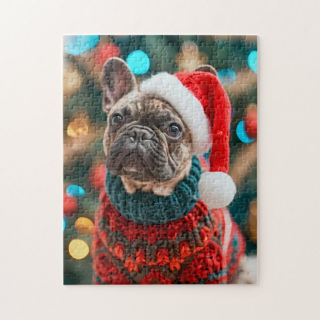Franskt Bulldog med tomtehatt julgran Pussel (Vertikal)