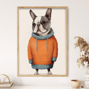 Franskt hund i orange tröja, rolig hunddekor, grin poster