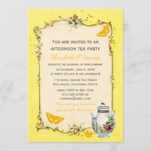 Franskt Teaparty för gul vintage Inbjudningar