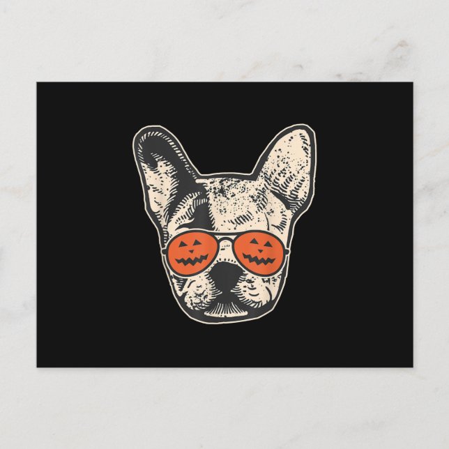 Fransosen i pumpasolglasögon Halloween Bulldog Helg Vykort (Framsida)