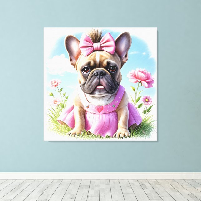 Französische Bulldogge Blumen French Bulldog Canvastryck (Insitu (trägolv))