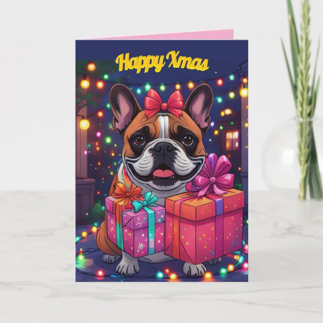 Französische Bulldogge Lichterkette Weihnachten Kort (Framsida)