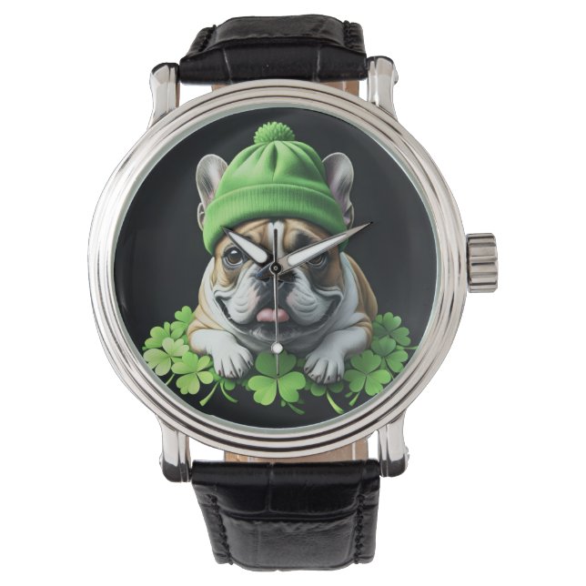Französische Bulldogge St. Patrick's Day Kleeblatt Armbandsur (Framsida)