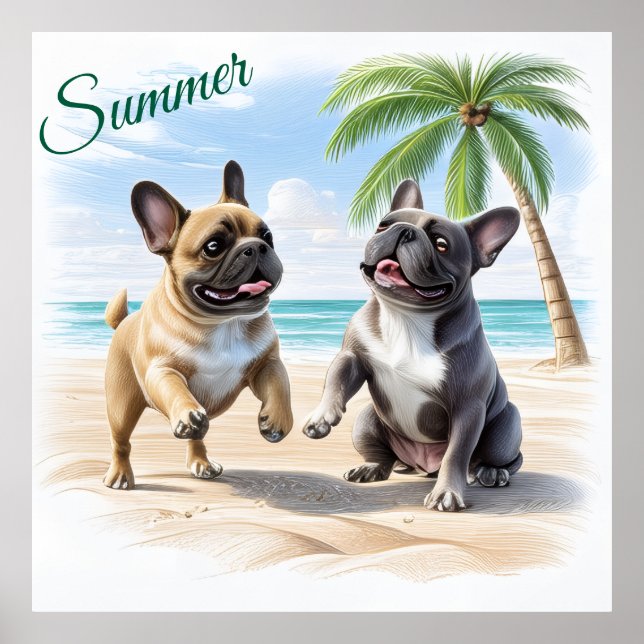 Französische Bulldoggen Strand French Bulldog Poster (Framsidan)