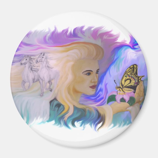 Frau mit Pferd und Schmetterling i Hand Magnet (Framsidan)