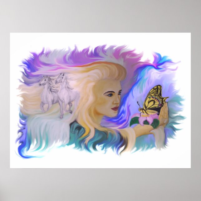 Frau mit Pferd und Schmetterling i Hand Poster (Framsidan)