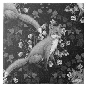 Fräv, klockblommor och vivel, monokrom, silver kakelplatta