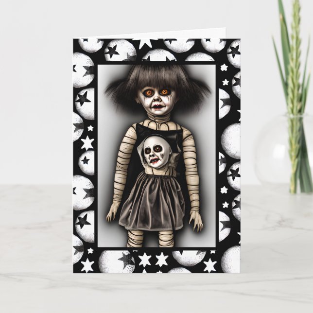 Freaky Scary Spooky Old Doll Halloween Kort (Framsida)