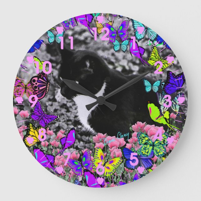 Freckles in Butterflies II - Tuxedo Cat Clock Stor Klocka (Framsida)