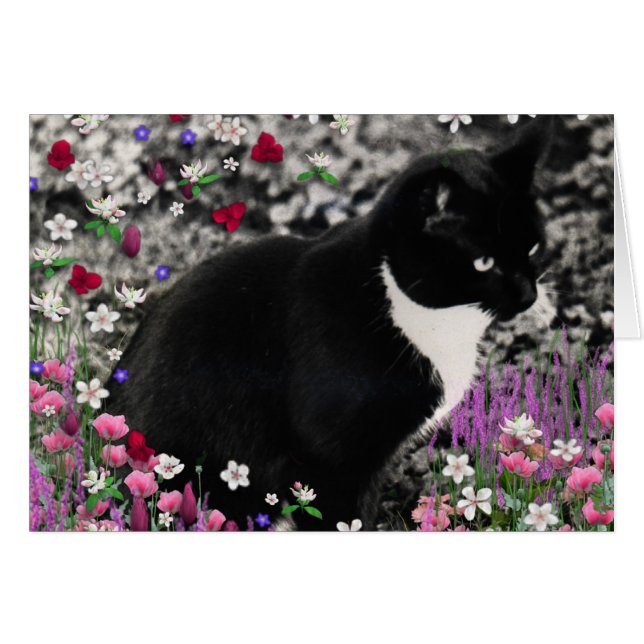 Freckles in Flowers II - Tuxedo Cat Hälsningskort (Framsidan Horizontal)
