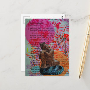 Fred Buddha och blommor blandad media collage Vykort