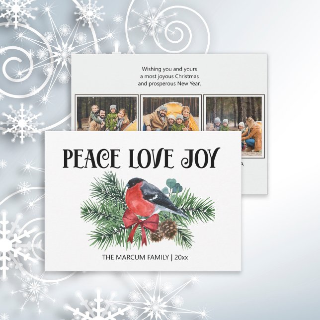 Fred Frid Jul Glädje Julhelg Robin Tall Gren Julkort (Peace, Love, Joy 3 photo Christmas greeting card)