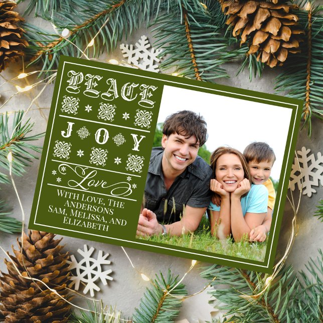 Fred Glädje Kärlek Skandinavisk Foto Jul Julkort (Family photo Christmas card with Scandinavian Peace Joy Love holiday typography.)
