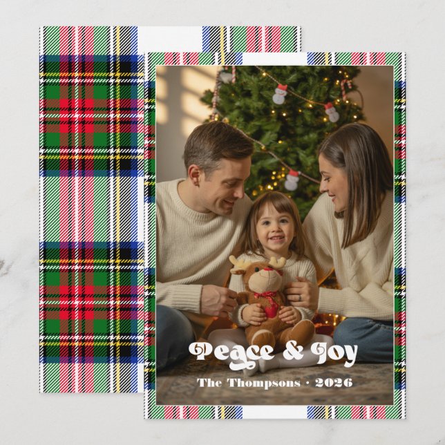 Fred & Glädje Ljus Tartan Rutig Familj Jul Julkort (Fram/baksida)