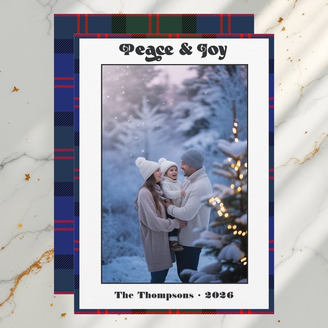 Fred & Glädje Rutig Randig Julfamiljefoto Julkort (Peace & Joy Gingham Plaid Family Christmas Photo Holiday Card)