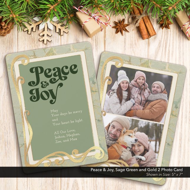 Fred & Glädje Sagogrön och Guld 2 Fotokort Julkort (Peace & Joy, Sage Green and Gold Holiday Two (2) Photo Greeting Card)