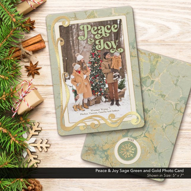 Fred & Glädje Sagogrön och Guld Fotokort Julkort (Peace & Joy, Sage Green and Gold Holiday Photo Greeting Card)