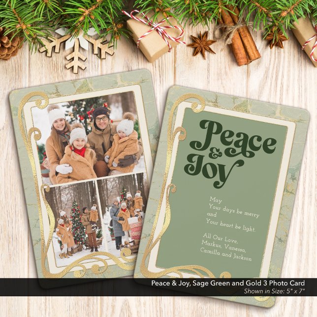 Fred & Glädje Sälggrön och Guld 3 Fotokort Julkort (Peace & Joy, Sage Green and Gold Holiday Three (3) Photo Greeting Card)