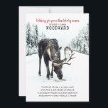 Fred i Dikt med Moose i Winter Snö scene Julkort<br><div class="desc">ett fredligt ögonblick i julhelgen med detta platta kort med en tyst vinterscen och en ursprunglig dikt. En älg går genom skogen genom ett snöstrå väg, vilket visar på naturens stillhet och den lugn som vintern ger. Det främsta budskapet lyder: "Önskar fred i julhelg" parad med en hjärtlig vers om...</div>