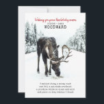 Fred i Dikt med Moose i Winter Snö scene Julkort<br><div class="desc">ett fredligt ögonblick i julhelgen med detta platta kort med en tyst vinterscen och en ursprunglig dikt. En älg går genom skogen genom ett snöstrå väg, vilket visar på naturens stillhet och den lugn som vintern ger. Det främsta budskapet lyder: "Önskar fred i julhelg" parad med en hjärtlig vers om...</div>