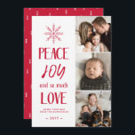 Fred, Joy, Kärlek | Röd | 3 Photo Collage-jul Julkort<br><div class="desc">De här platta helgdag i snyggt har tre fotomallar,  modern typografi och en färglös,  skandinavisk mönster på baksidan.</div>