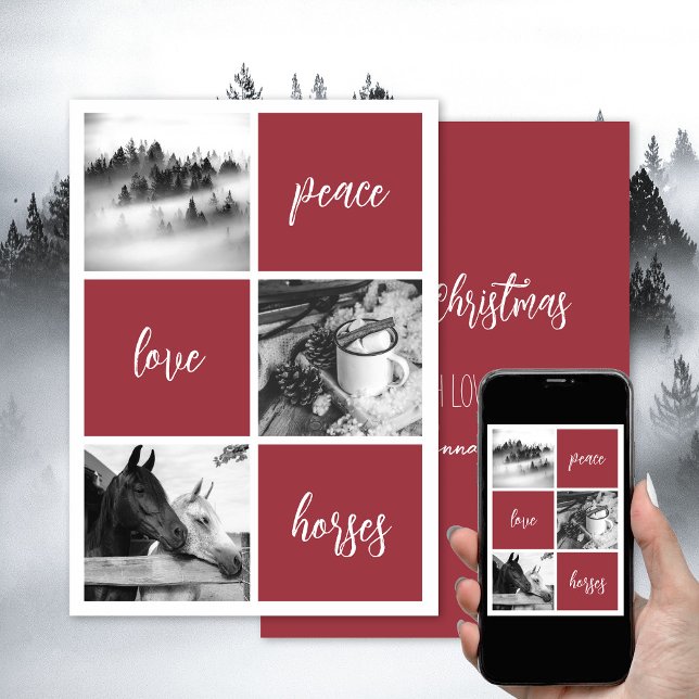 Fred kärlek hästar Häst älskare Jul Högtid Julkort (Peace, love, horses, personalized horse photo Christmas card, modern, elegant. Download or print.)