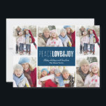 Fred, Kärlek & Joy | Blå Julkort<br><div class="desc">Den här designen innehåller frasen "Peace Kärlek & Joy" på en mörkare blå bakgrund omgiven av 6 av dina favoritfoton i familjen</div>