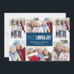 Fred, Kärlek & Joy | Blå Julkort<br><div class="desc">Den här designen innehåller frasen "Peace Kärlek & Joy" på en mörkare blå bakgrund omgiven av 6 av dina favoritfoton i familjen</div>