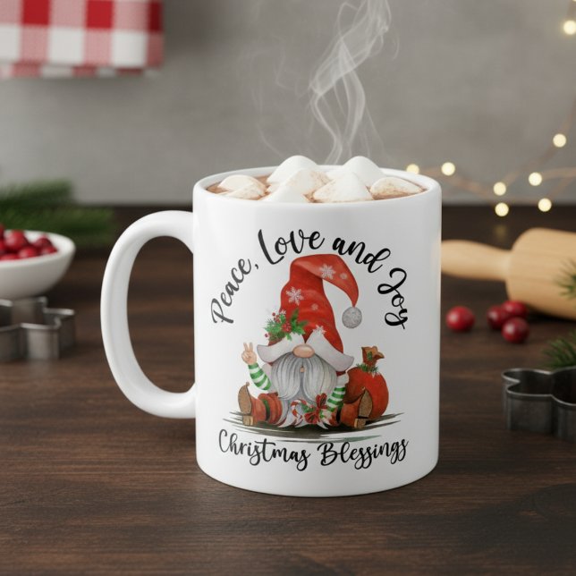 Fred, Kärlek & Joy, Cute Gnome-julvälsignelser Kaffemugg (Peace, Love & Joy, Cute Gnome Christmas Blessings Coffee Mug)