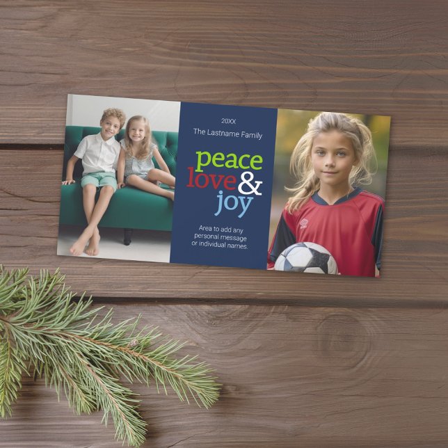 Fred Kärlek & Joy med blått rött och grönt Julkort (Add 2 photos to this Christmas Card with a modern design. Download option available.)