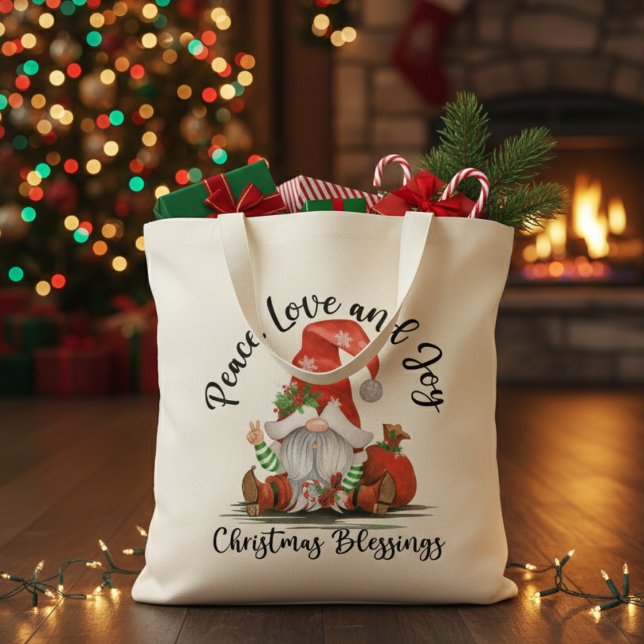 Fred, Kärlek och glädjens jultomtvälsignelse Tygkasse (Peace, Love & Joy Christmas Gnome Blessings Tote Bag)