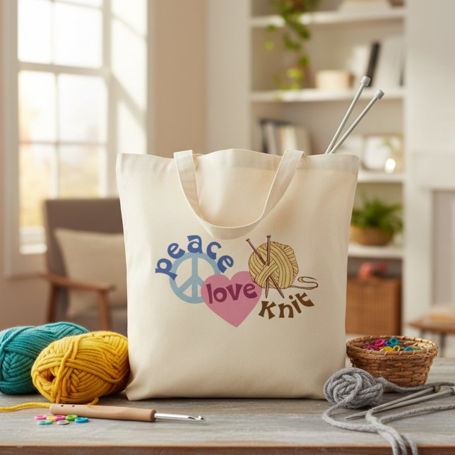 Fred kärlek sticka garn och sticktillbehör tote tygkasse (Peace love knit personalized tote bag. Great to use as a yarn and knitting supplies storage tote.)