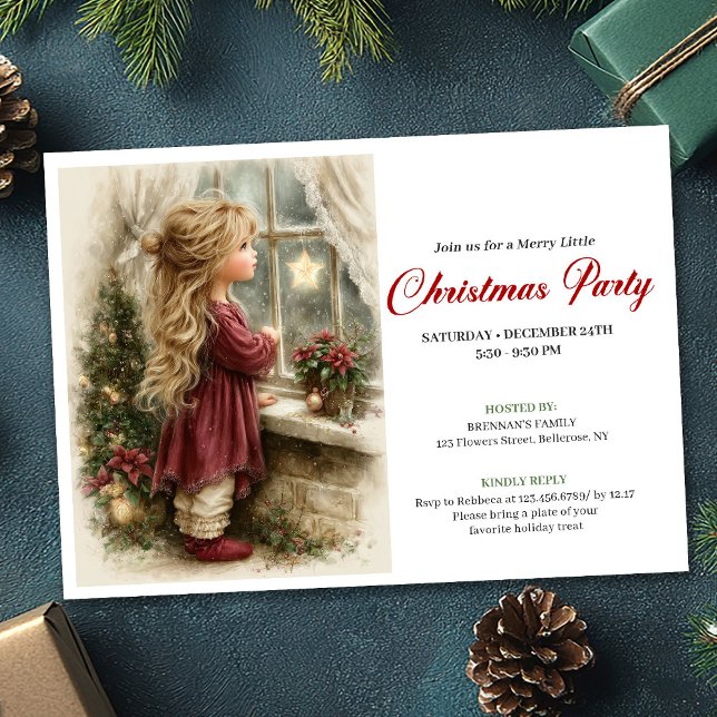 Fred Lille Flicka Väntar på Tomte Utskrivbara Inbj Inbjudningar (Peace Little Girl Awaits Santa Printable Invitation)