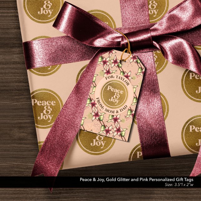 Fred och fred, fred, Guld Glitter och Rosa Personl Presentetikett (Peace & Joy Gold Glitter and Pink, Christmas Gift Tags Personalized with Your Names.)