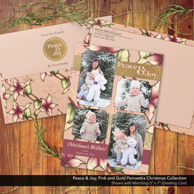 Fred och glädje, Rosa, Burgundy, Guld Poinsettia P Julkort (Peace and Joy, Pink and Gold Poinsettia Holiday Card Shown with Matching Envelope.)