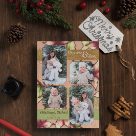 Fred och glädje, Rosa, Grönt, Guld Poinsettia Phot Julkort