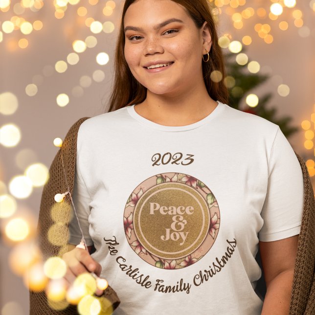 Fred och glädje, Rosa, Guld-familjens Namn-jul T Shirt (Peace & Joy Pink Gold Family Name Christmas T-Shirt)